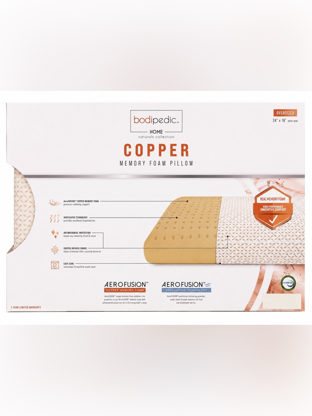 BodiPedic Copper Memory Foam Pillow 24x16 Oversized Cooling